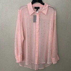 Womens Plus Size Lane Bryant Pink Long Sleeve Sheer Polka Dot Button Up 18/20 2X